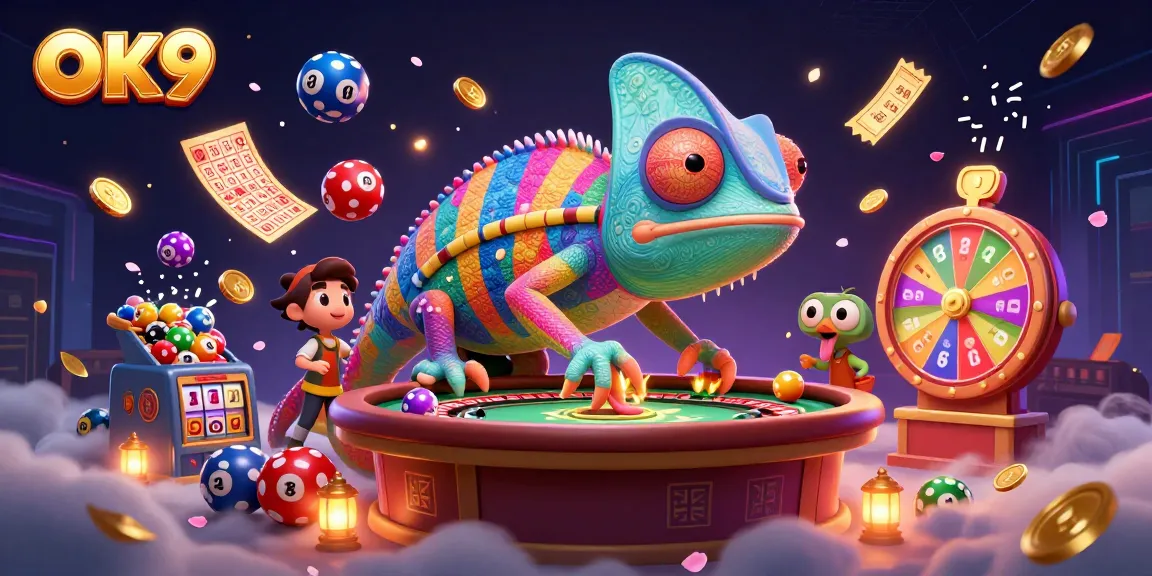 OK9 visualizes gambling excitement with a dynamic chameleon casino owner and playful lottery elements.