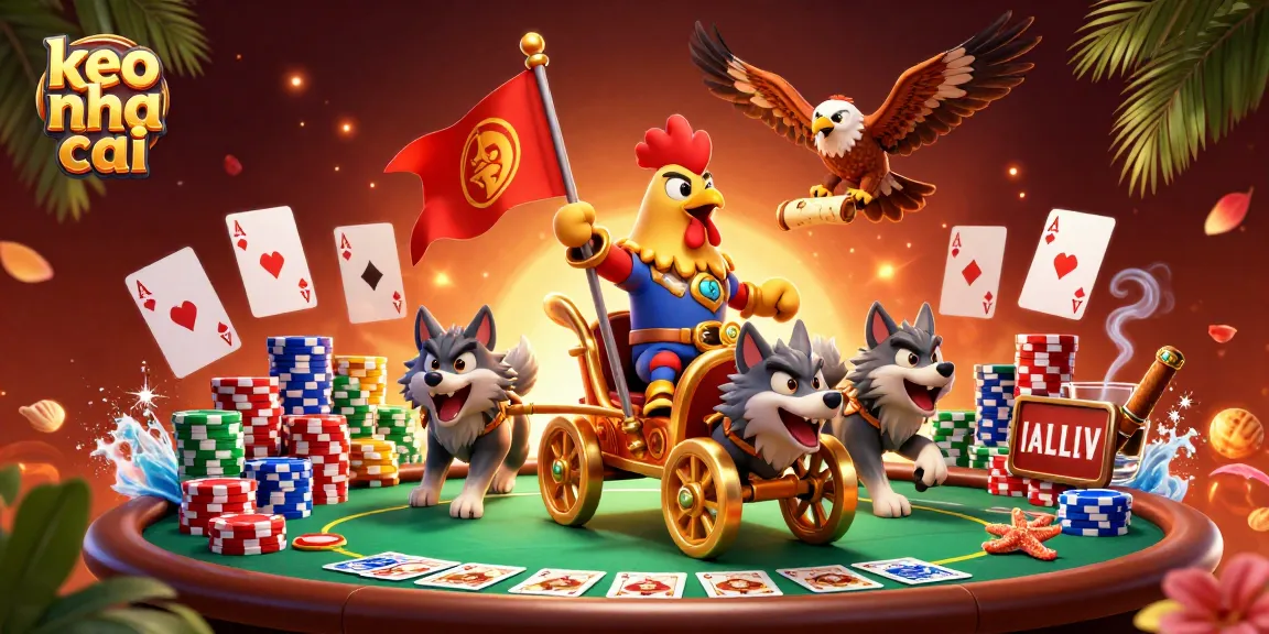 Engage in exciting keo nha cai betting with a vibrant 3D casino scene featuring a rooster warlord and poker elements.
