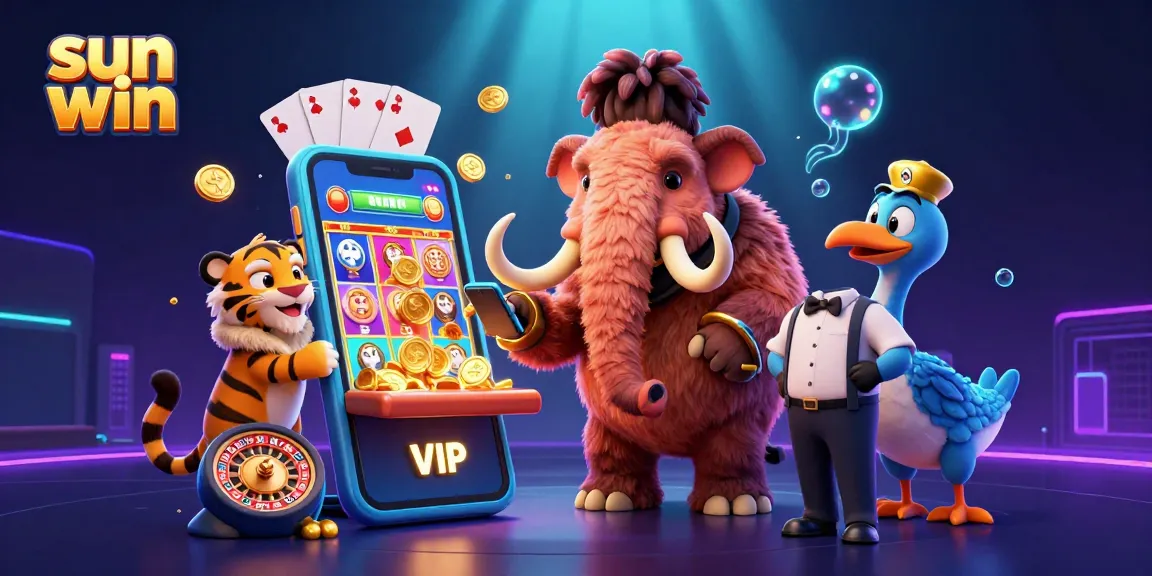 Engage with sun win at this vibrant casino scene with characters and dynamic gaming elements.