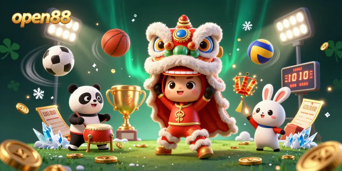 Experience the excitement of open88 with a vibrant scene featuring a lion dance, panda, and dynamic sports elements.