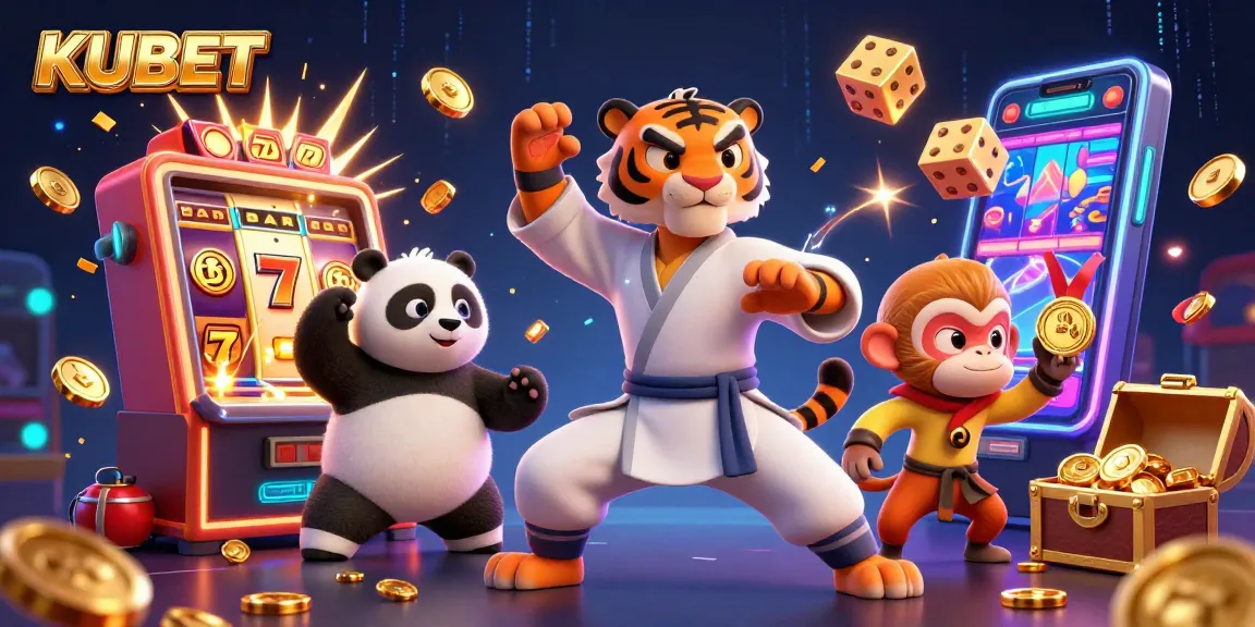 KUBET's exciting 3D casino experience with characters amidst slot machines and vibrant casino elements.